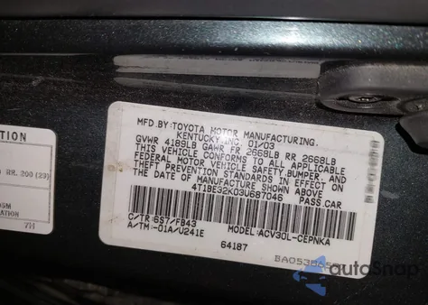 2003 Toyota Camry Le/Se/Xle z USA, uszkodzony, nr VIN 4T1BE32K034687046